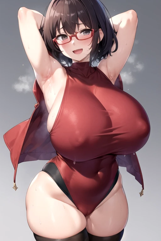 (perfect body),Best Quality,(8K Portrait),(official art)、NSFW、(((huge breasts)))、gordo、((short hair))、blush,((dark hair)),(sweat),((Red sleeveless sweat shirt))、leotard、Black knee high socks、1 girl in,((((:D))))、((hands behind head))、armpits、Office、glasses...