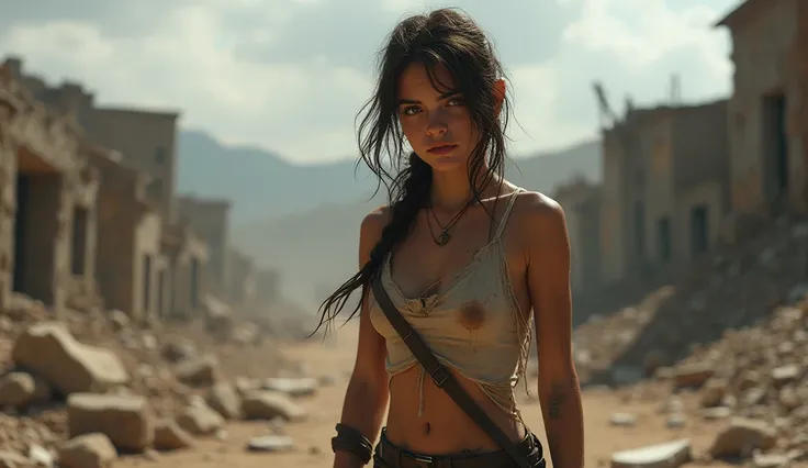 A beautiful brunette teen in a post apocalyptic world weary torn skimpy clothes barely surviving