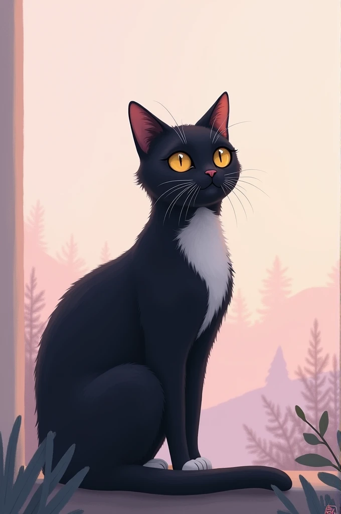 Black cat with a bit of white on the chest and paws looking at the pastel pink landscape