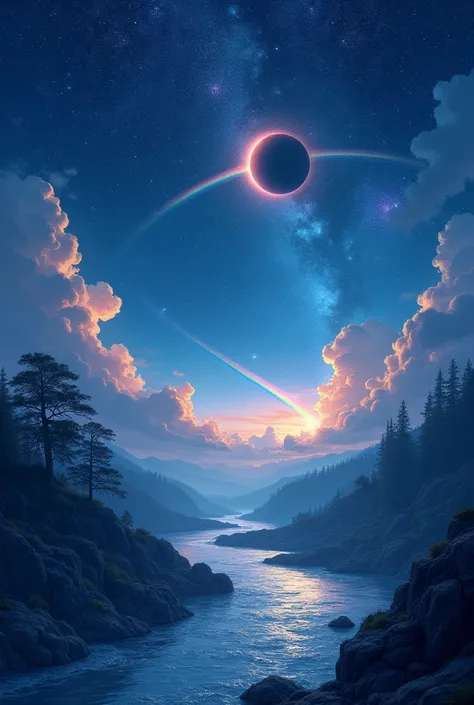  There is a  ashy blue night.looking bery magical. A stat is more twinkle. Under the sky there is a amazing river. There is a  rainbow near to horizone. It is night. But there is a rainbow. and also a eclips in one side. Its very imaginaty. But look like t...