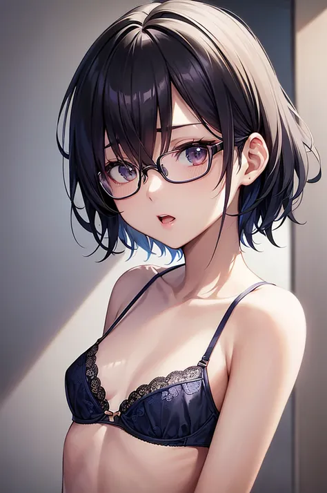 masterpiece, best quality,anime style, 1 girl,(((slender body))), (((small eyes))),(((blue bra,glasses))), (beautiful face), (((short hair))), (((straight hair))), ((((black hair)))),detailed beautiful skin, (perfect hands, perfect anatomy),scream