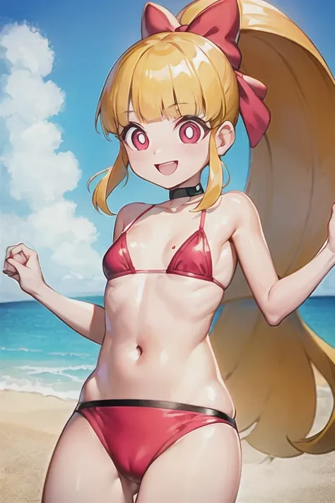 1girl, ppgzmmk, long hair, blonde hair, hair bow, blunt bangs, ponytail, red eyes, bright pupils, (FOCUS WEAR RED BIKINI ), jumping, smile, looking away, beach 