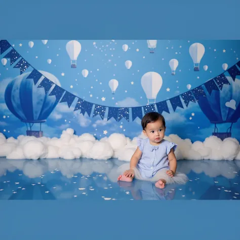 arafed baby sitting in front of a backdrop of hot air balloons and stars, a portrait by Julia Pishtar, shutterstock, surrealism, blue backdrop, lie on white clouds fairyland, portrait photo of a backdrop, portrait shot, blue themed, with a blue background,...