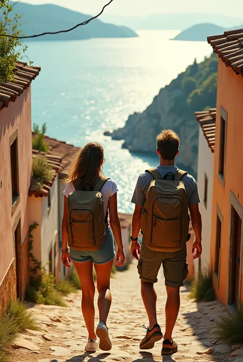 Photograph of two people travelling through Spain with a backpack , a beautiful ray of light , In the background you can see colonial style houses and the sea in the distance
