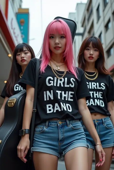 Adult video poster、「Girls in the band」「ShockingＡＶdebut！」character、(((Japanese woman carrying a large black guitar case))), 2 mujeres adultas Wearing a black t-shirt de cuello redondo con grandes letras inglesas en el pecho y pantalones vaqueros cortos azul...