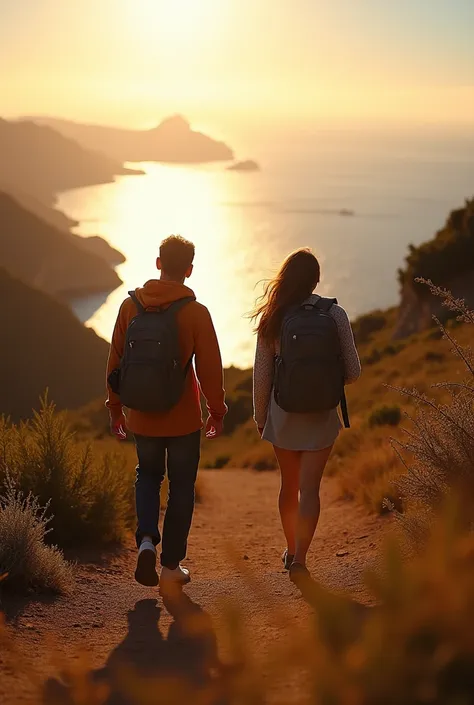 Photograph of two people travelling through Spain with a backpack , a beautiful ray of light , the sea in the distance
