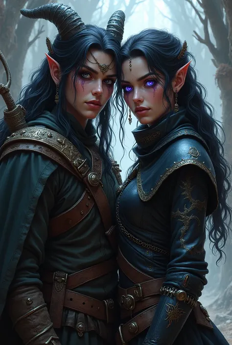 Tiefling witch and dnd ranger, blackquality hair, fair brown-skinned, eyes with a bright purple background that has a pact with the Dragon Queen Tiamat