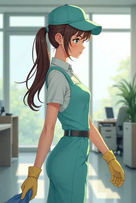 Beautiful girl with long hair in a ponytail, with a hat, in a light blue and light green uniform cleaning offices
cleaning staff