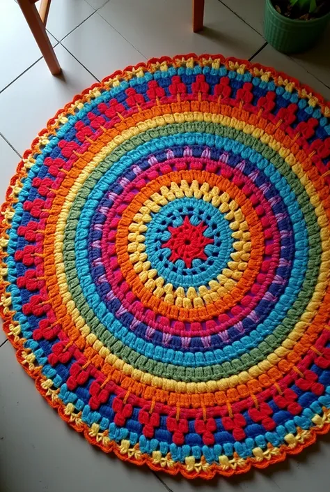 colorful round crochet rug seen from above showing in full