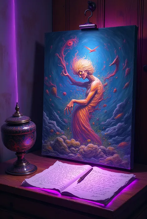 LSD painting next to a letter with purple lighting 