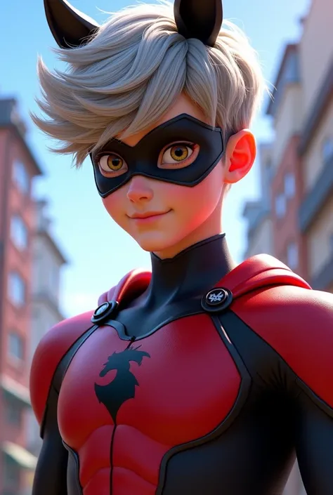 Teenage handsome boy with grey and brown hair and hanzel eyes with horse superhero suit miraculous and with mask on his face with horse sign on his chest from miraculous ladybug and chat noir