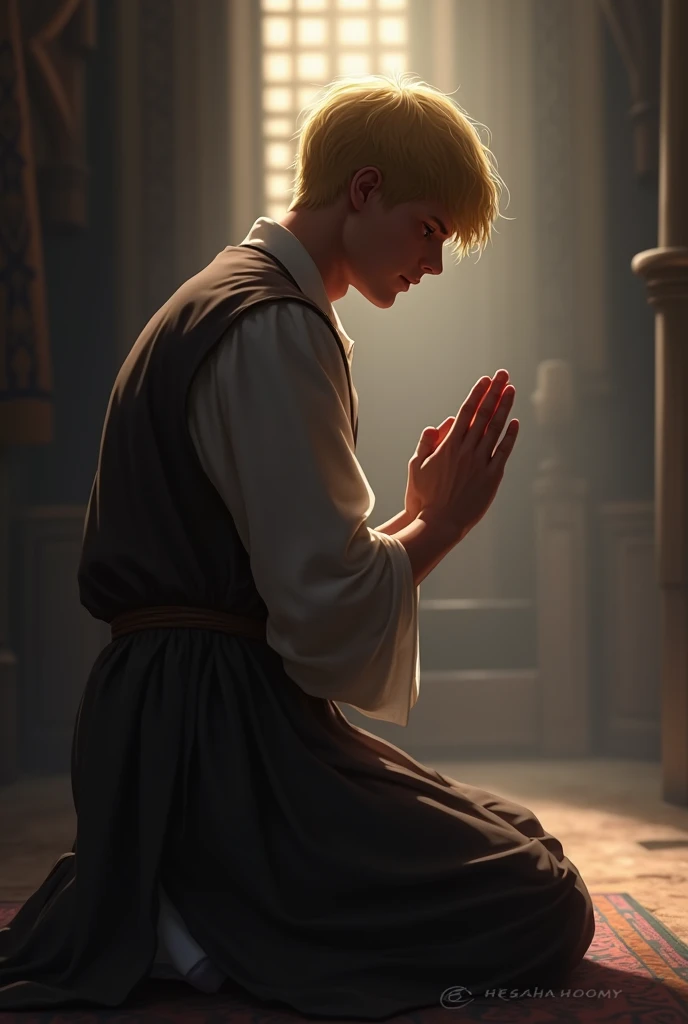  blond on his knees praying 