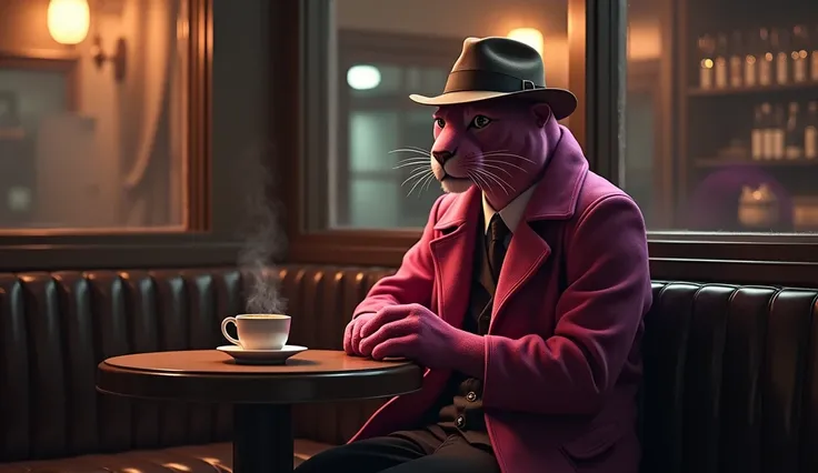 Create a realistic cinematic-style image of a pink-furred panther dressed as a detective, sitting at a bar in New York City, sipping a coffee. The panther, wearing a trench coat and fedora, is seated at a small table with a steaming cup of coffee in hand. ...