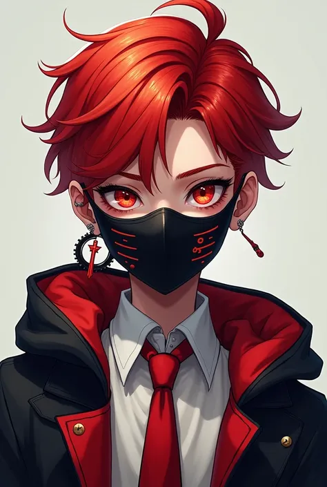 (a boy with red hair at the ends,a cross earring in one ear and three piercings in the other,a red tie and a black jacket with red inside,and a black mask with red details that covered the mouth)