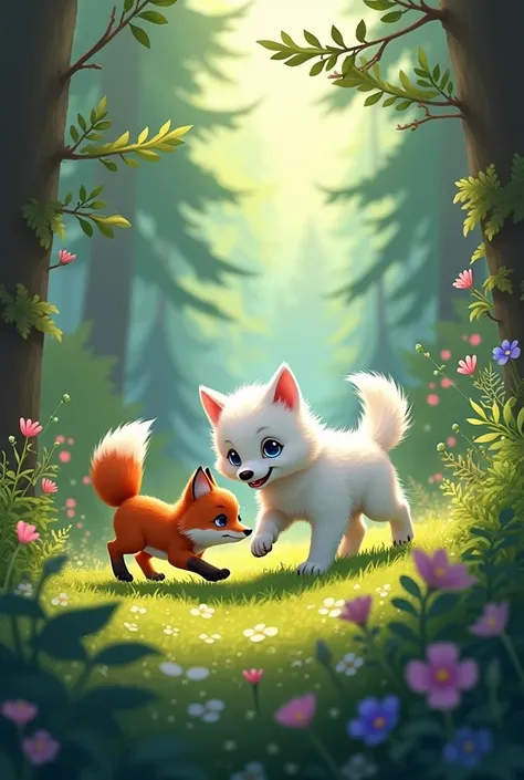 dessin couleur dun bébé loup blanc et bébé renard qui jouent ensemble dans une forêt luxuriante