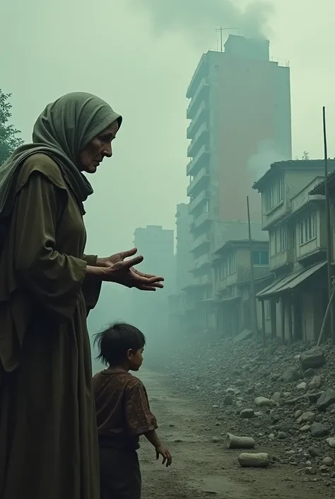 Images about the story The Country Where Children Didn&#39;t Want to Be Born by Augusto Roa Bastaos, Give me real images of what the story is about Draw the old woman showing the destroyed city to the child Nothing