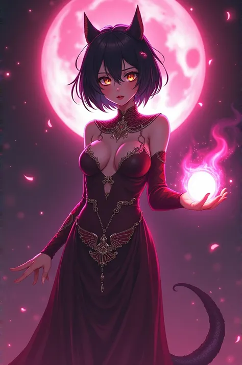 White skin, short dark colored hair, Arabic (falda Arabic), anime, beautiful, witch clothing, malignant aura, dragon wings, body with scales and feathers, Energy ball, casting sorceress spell, lustful pink eyes with gold, innocent face, evil spell, dark pi...