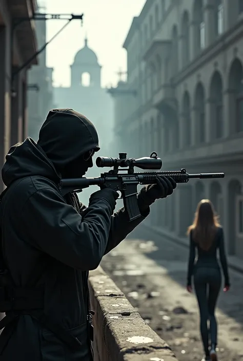 A black sniper aiming at a woman who is walking 