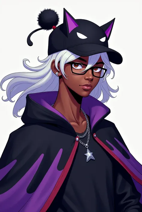 A young man with a black skin tone, long hair with white color, that has a pompom with a ponytail. Wears prescription glasses and a black cap with a cat face. He wears a cape with one black stripe and the other purple. 