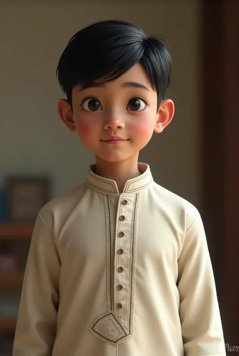 Nepail  boy with short, neatly styled black hair.  wearing Kurta 