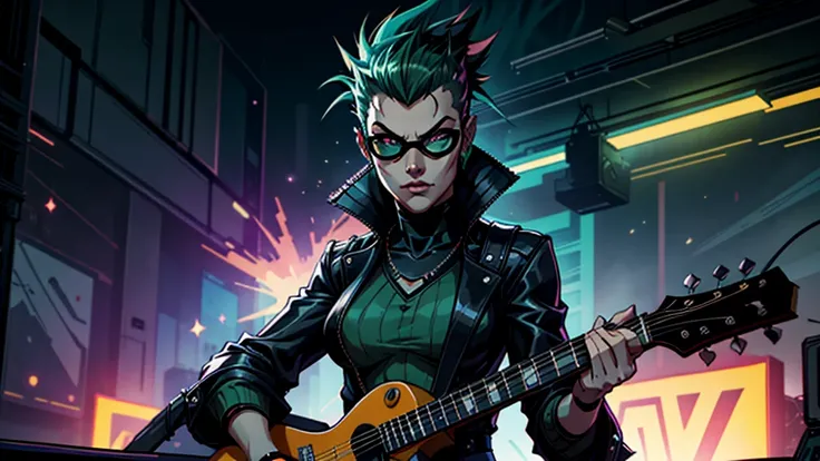 best qualityer) (Extra High Definition) green mohawk hair with mask, estilo dark, Blue details of black outfit, looking at you, Guitar in hand, stage band, Draw a high definition anime style scene (Full HD) which depicts a character with a mohawk, green mo...