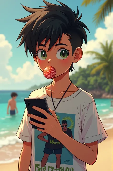 (Yan had black hair combed to the side, one of his eyes was green and the other was light brown.,he had a shirt of some rap band and beach shorts,a cell phone in hand and a lollipop in mouth)