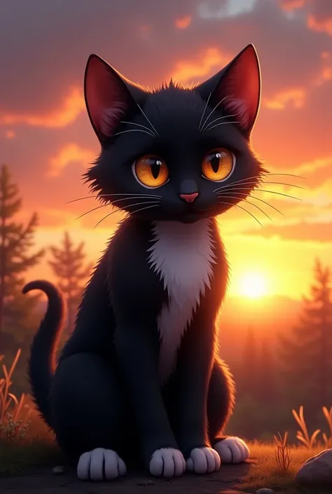 Black cat with white on the chest and also a bit of white on the paws and a somewhat large pupil in a sunset