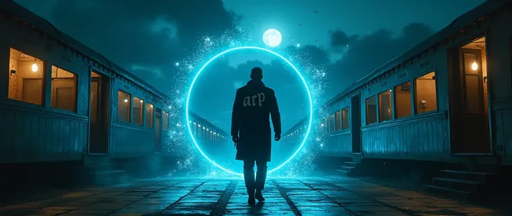 there is a man in an overcoat walking with his back to me, he is entering an interdimensional portal, he wears high boots, your coat is written "ARP" in back, He is tall, o portal tem bordas de energy azul, he is at a train station, the portal leads to a t...