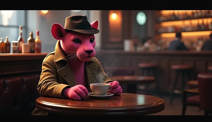 Create a realistic cinematic-style image of a pink-furred with some black spot on the face.  panther dressed as a detective, sitting at a bar in New York City, sipping a coffee. The panther, wearing a trench coat and fedora, is seated at a small table with...