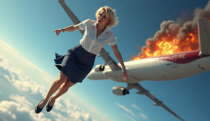 Short-haired blonde woman in flight attendant outfit falling from a plane, unconscious and a little injured, a little below the plane in mid-flight and a large plane catching fire in the back without a part of the tail