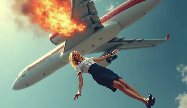 Short-haired blonde woman in flight attendant outfit falling from a plane, unconscious and a little injured, a little below the plane in mid-flight and a large plane catching fire in the back without a part of the tail