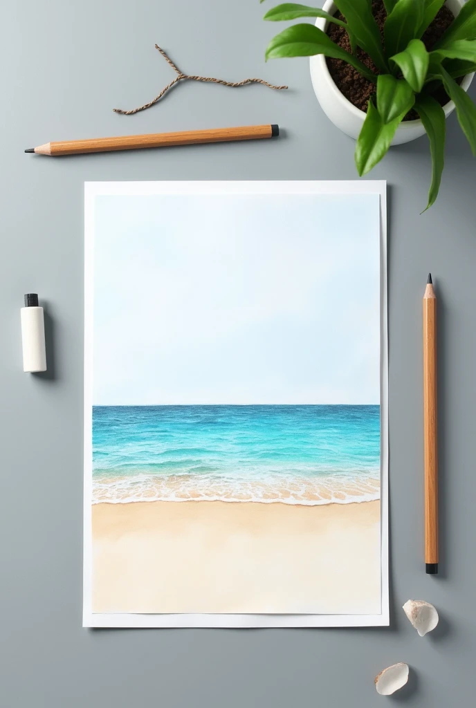 Drawing of a beach on a piece of paper on a grey table