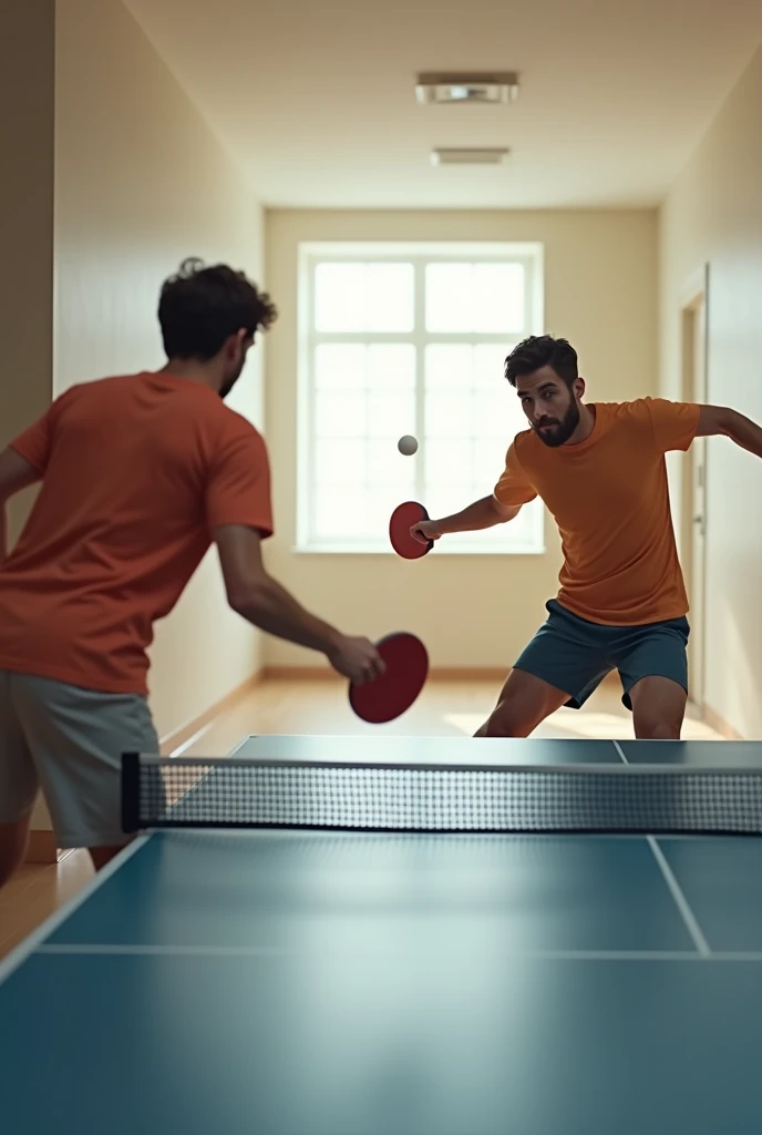 Have 2 people playing ping pong from the south east perspective of one of the players in a hallway