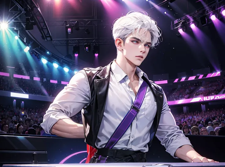 a handsome man with white hair and brown eyes, wearing a modern idol costume, standing on a stage with purple and blue neon lights in the background, one ear piercing, short haircut, (best quality,4k,8k,highres,masterpiece:1.2),ultra-detailed,(realistic,ph...