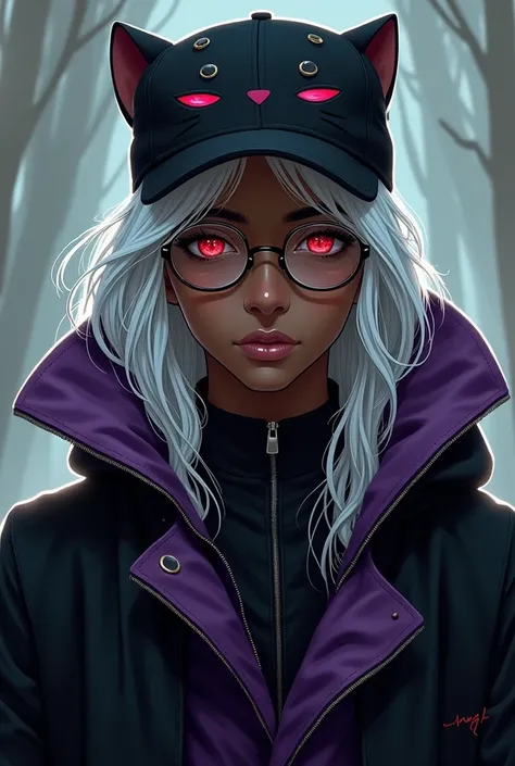 A young man with a black skin tone, long hair with white color, that has a pompom with a ponytail, dark red eyes. Wears prescription glasses and a black cap with a cat face. He wears a closed cape with one black stripe and the other purple..