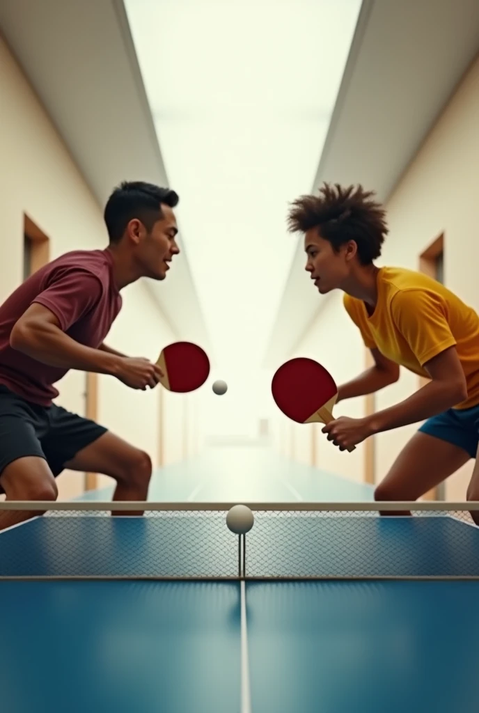 Have 2 people playing ping pong from the south east perspective of one of the players in a hallway