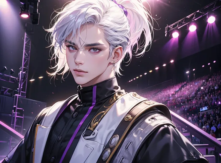 a handsome man with white hair and brown eyes, wearing a modern idol costume, standing on a stage with purple and blue neon lights in the background, one ear piercing, short haircut, (best quality,4k,8k,highres,masterpiece:1.2),ultra-detailed,(realistic,ph...