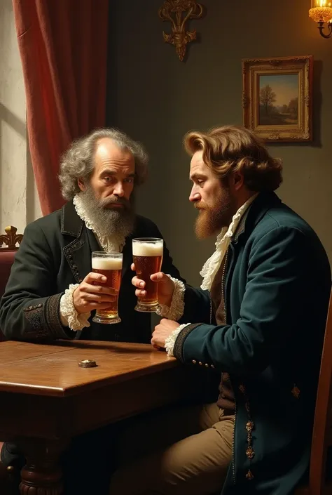 Pushkin and Gogol drink beer in a tavern