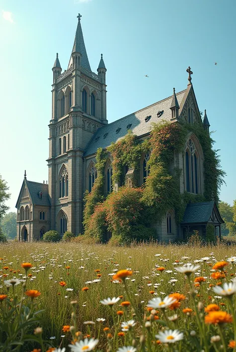 A photo of St. Marys Cathedral, tipped over by the wind, with flowers and daisies covering its surface. The church is surrounded by colorful wildflowers under a blue sky, with a clear spring day background. In front of it stands an old Victorian-style buil...