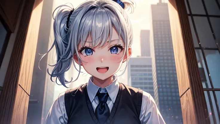 Beautiful lighting, 1 girl, alone, Akane, White shirt, Sweater vest, Black vest, Blue tie, ((Anime Style))、((2D))、Laughter、Open your mouth、(((Side Ponytail)))