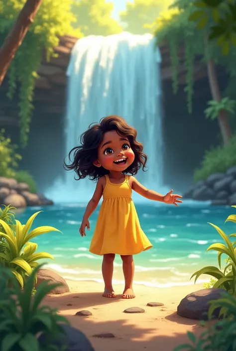 a black child with medium wavy hair, yellow dress, barefoot and happy at the waterfall 