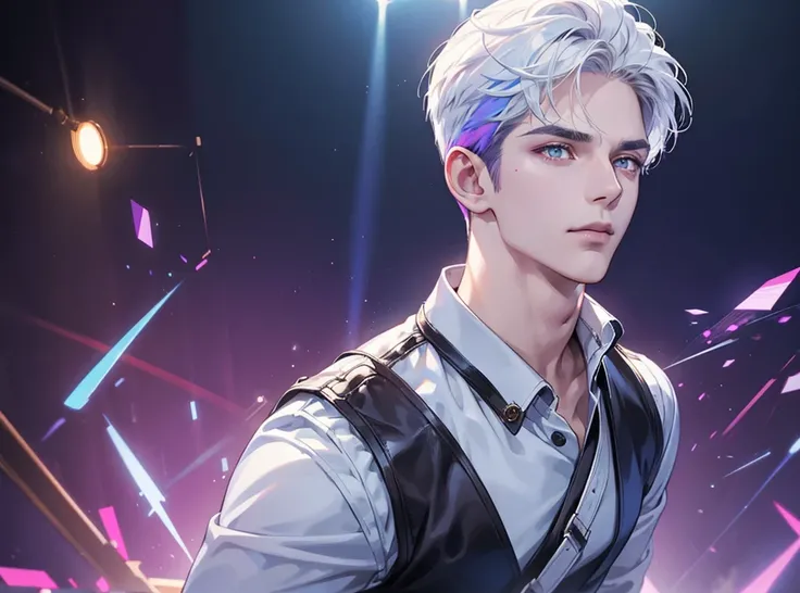 1 handsome modern idol, man with short white hair and brown eyes, wearing stylish idol costume on stage, detailed facial features, cinematic lighting, purple and blue neon lights in background, highly realistic, 8K, ultra-detailed, photorealistic, masterpi...