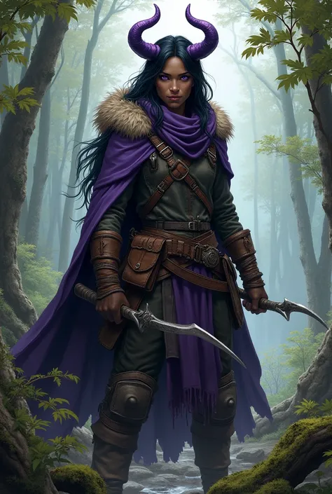 A Tiefling DND Ranger, blackquality hair, fair brown-skinned, eyes with bright purple background with Witch Pact