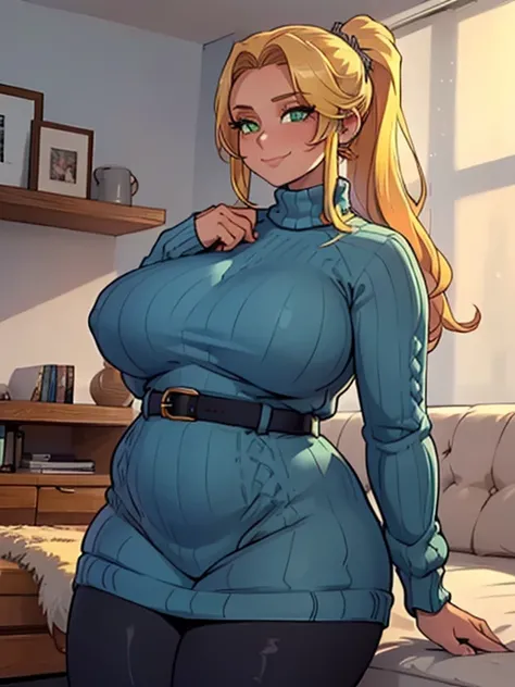 ((Masterpiece, best quality, perfect lighting, amazing shading)), (perfect anatomy, realistic proportions), field of depth, extremely beautiful, 1girl, (blonde hair), ponytail, green eyes, (neon blue sweater), leggings, (fat), (ribbed sweater dress), expos...