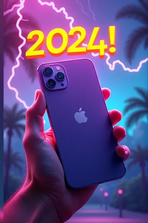 "A hand holding an iPhone 11 purple  in an outdoor setting.The background is blurred with vibrant purple and blue hues. The text ‘2024 Iphone 11 ’and gvÎ 30 nvRv‡i is prominently displayed in a bold, vibrant yellow and orange font with a lightning effect i...