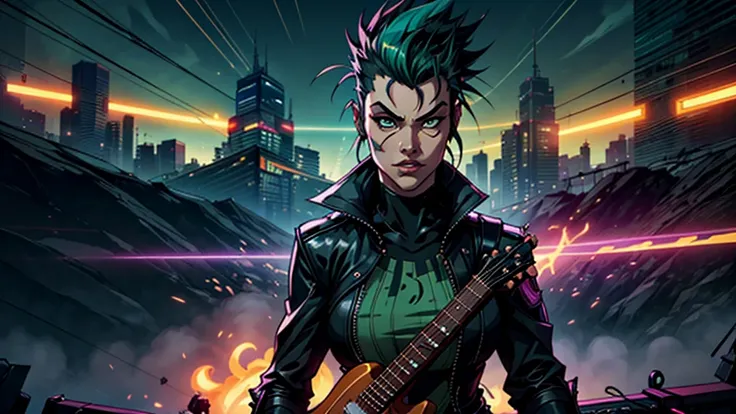 best qualityer) (Extra High Definition) green mohawk hair with mask, estilo dark, Blue details of black outfit, looking at you, Guitar in hand, stage band, Draw a high definition anime style scene (Full HD) which depicts a character with a mohawk, green mo...