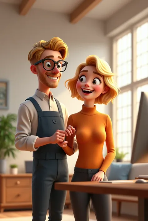 A white-skinned architect, short blonde wavy hair and glasses, next to a satisfied client showing great joy when seeing an interior design project on a computer screen in the Disney Pixar animation style
