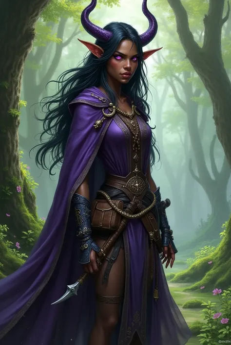 A Tiefling witch ranger from DND, blackquality hair, fair brown-skinned, eyes with bright purple background with Witch Pact