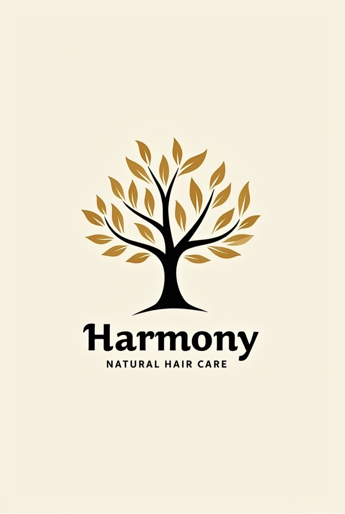 create a logo with the name harmony, that looks elegant and refers to natural hair care and includes a tree and has golden tones, black and white
