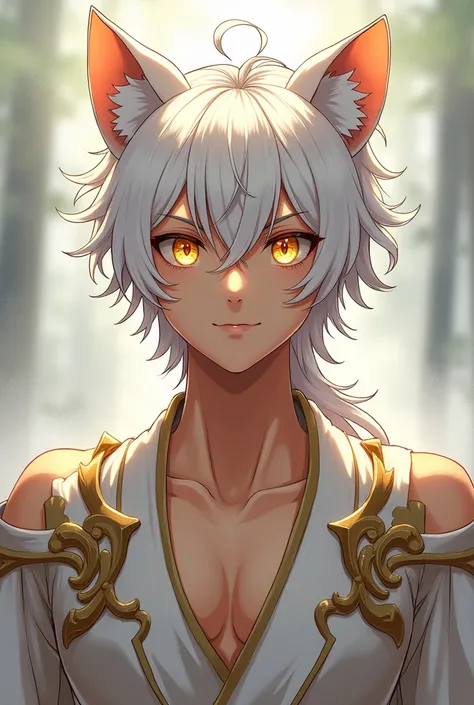 An anime character, Brown man, Cao Cao, His race is demi-human lion short white hair, Golden pupils, white eyelashes, white eyebrows, light or white clothes with gold or silver details